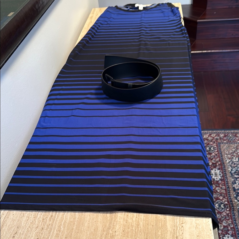 Coldwater Creek Blue and Black Striped Dress  with Black  Belt size 12